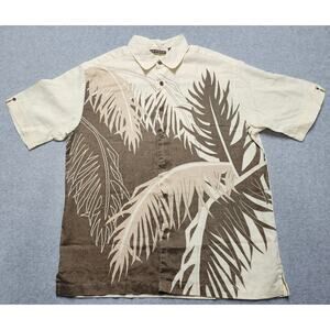 Cubavera Mens Large 100% Linen Tropical Camp Shirt Beige Brown Palm Leaf